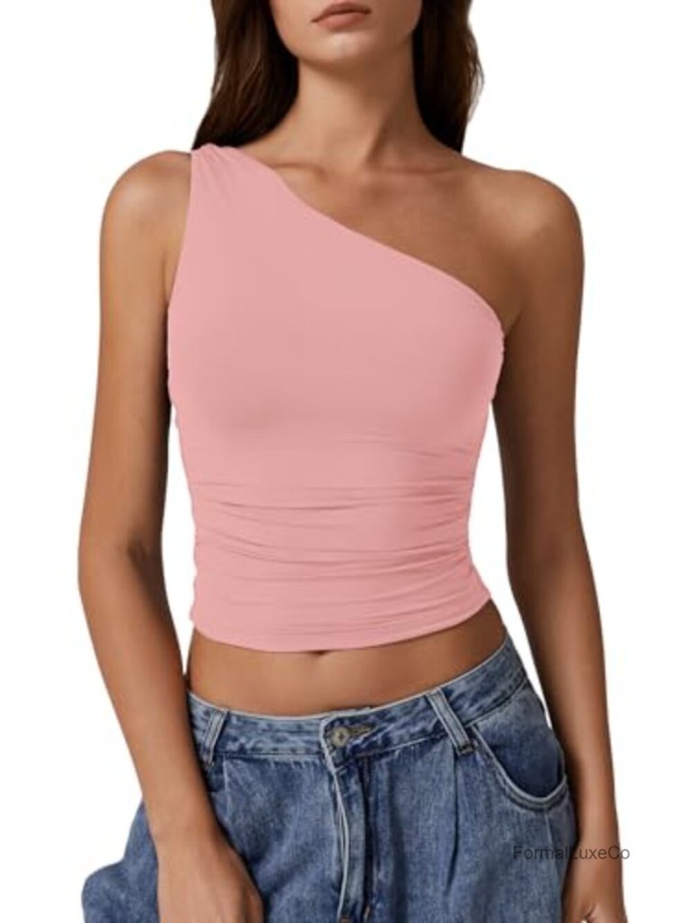 Women's One Shoulder Tank Top Double Lined Sleeveless Slim Fit Cropped Tee Y2k